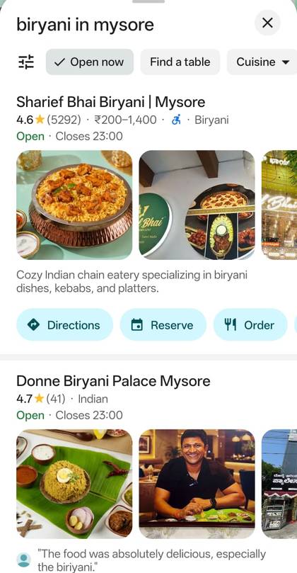 Google Maps result for biryani in Mysore showing Donne Biryani Palace